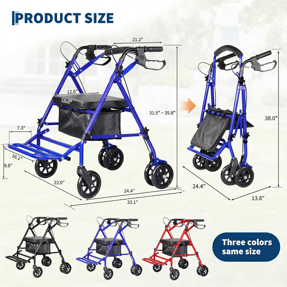 Garvee Lightweight 2-in-1 Rollator Walker & Wheelchair for Adults & Seniors, Adjustable Height, Carbon Steel Frame, 6" Wheels, Underseat Storage, Portable Mobility Aid, Blue