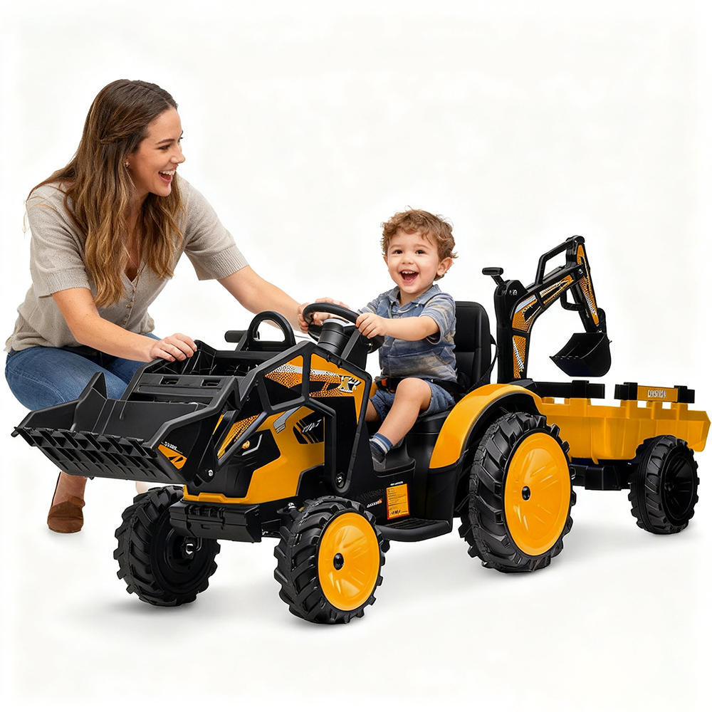 24V 3 in 1 Kids Ride on Tractor, Excavator ＆ Bulldozer, Electric Vehicle w/Trailer, Digger, Shovel Bucket, Remote Control, EVA Tires, LED Lights, Mus 3 in 1 Ride on Tractor and Trailer with Shovel Bucket