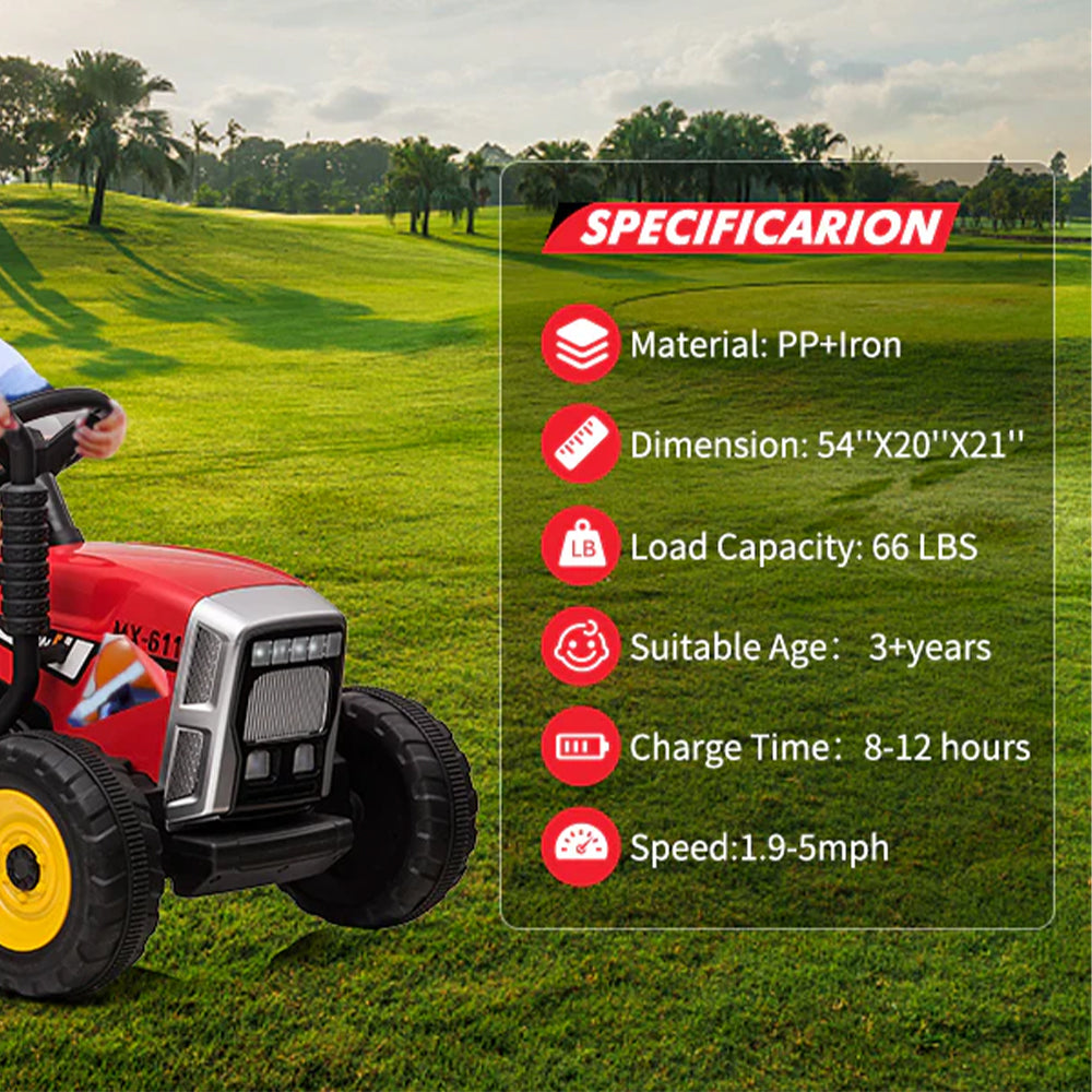 Garvee Ride - P Series: 12V Electric Tractor & Trailer for Kids, 3-6 Yrs - With RC - Red / 35W