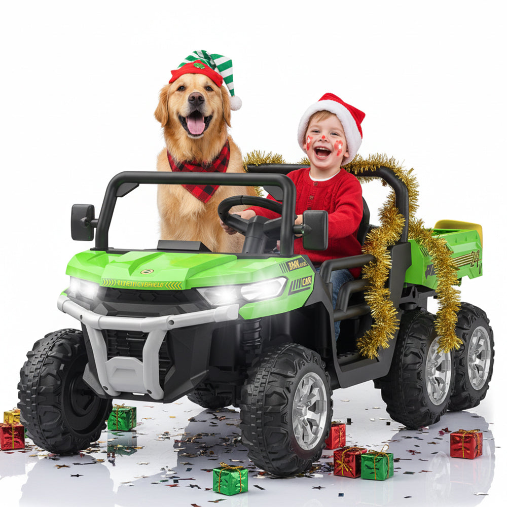 Garvee 2-Seater 6x6 Ride-On Dump Truck: 24V, Remote Control, Battery Powered UTV,Tires, 6-Wheeler, for 3 years and up - Green