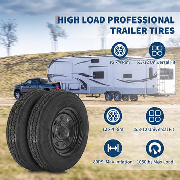 Garvee 5.30-12 Trailer Tires with Rims, 2 Pack, Load Range C 6PLY, 12"x4" Black Wheels 4 Lug on 4", Max Load 1050 LBS @ 80 PSI, Reinforced Nylon Design for Utility, Cargo & Camper Trailers