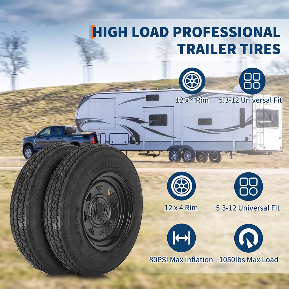 Garvee 5.30-12 Trailer Tires with Rims, 2 Pack, Load Range C 6PLY, 12"x4" Black Wheels 4 Lug on 4", Max Load 1050 LBS @ 80 PSI, Reinforced Nylon Design for Utility, Cargo & Camper Trailers