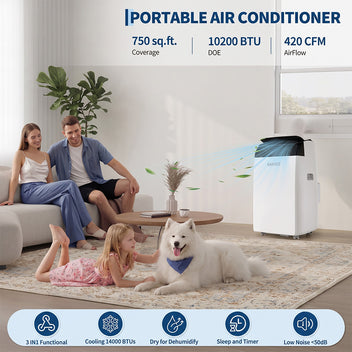 Garvee 14,000 BTU Portable Air Conditioner with Dehumidifier & Fan, Portable AC Units Cools up to 750 Sq. Ft., Remote Control, Auto Swing, Sleep Mode, Black Top