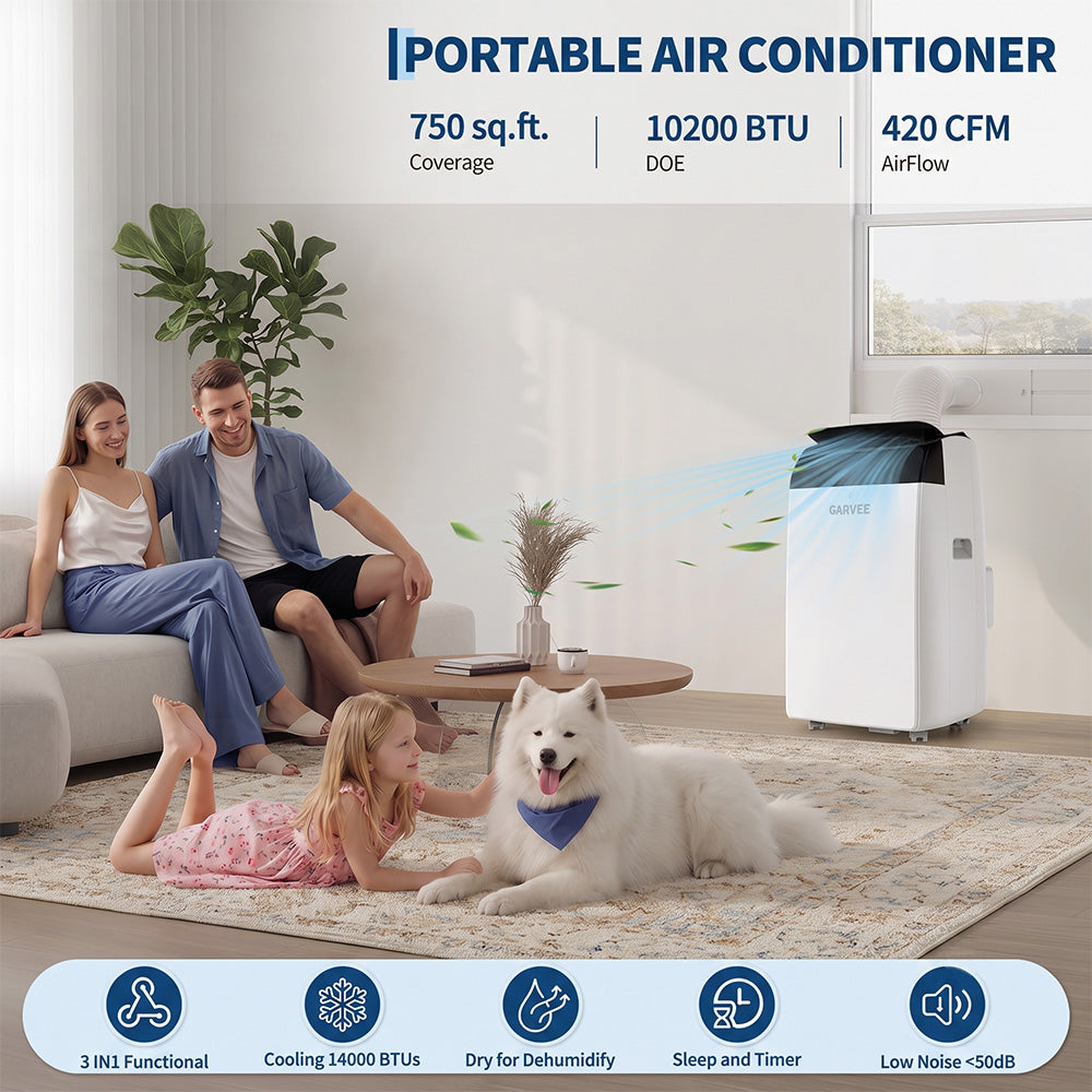Garvee 14,000 BTU Portable Air Conditioner with Dehumidifier & Fan, Portable AC Units Cools up to 750 Sq. Ft., Remote Control, Auto Swing, Sleep Mode, Black Top