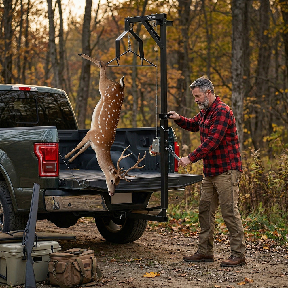 Garvee 500LBS Heavy-Duty Deer Hoist Kit with Winch & Gambrel, 360° Swivel & Adjustable Height, Steel Frame, Stable Platform & Hitch-Mount, Hunting & Game Processing