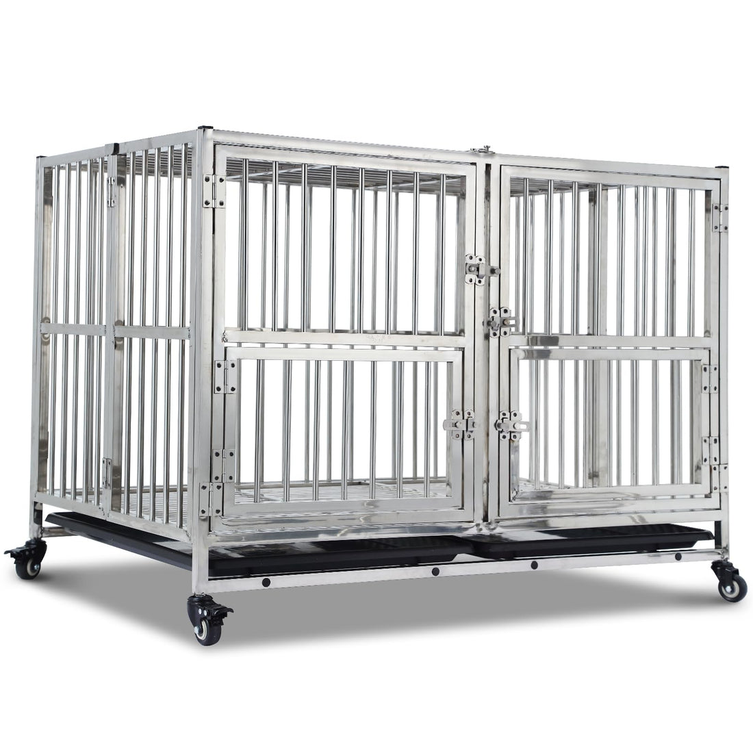 42 Inch Full Stainless Steel Dog Crate with Wheels & Double Door