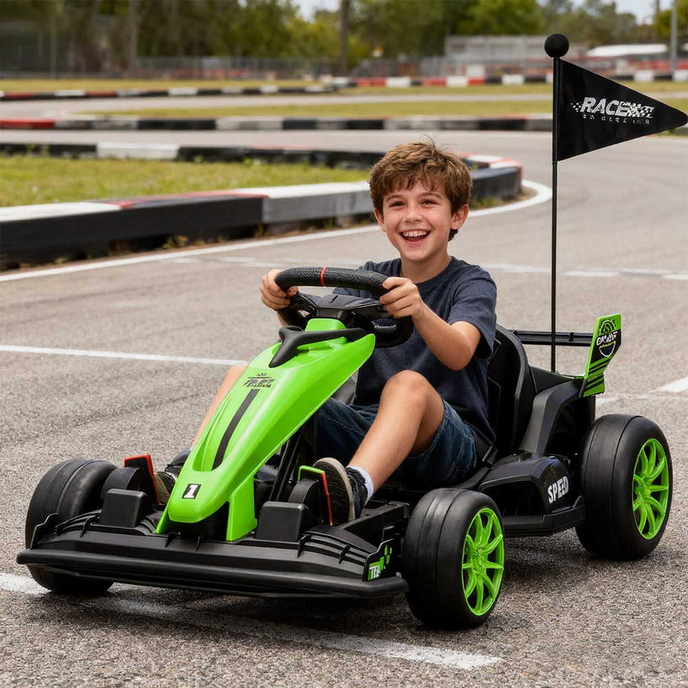 Garvee Ride - G Series: 24V Electric Drift Kart for Kids, Ride Car with Adjustable Seat & 7.5MPH Speed, EVA Silent Wheels, Parent-Safety Certified Ride-On Toy - Green