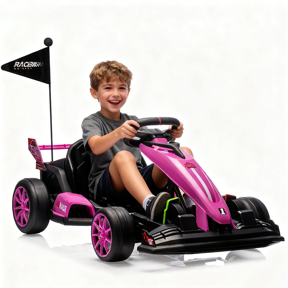 Garvee Ride - G Series: 24V Electric Drift Kart for Kids, Ride Car with Adjustable Seat & 7.5MPH Speed, EVA Silent Wheels, Parent-Safety Certified Ride-On Toy - Pink