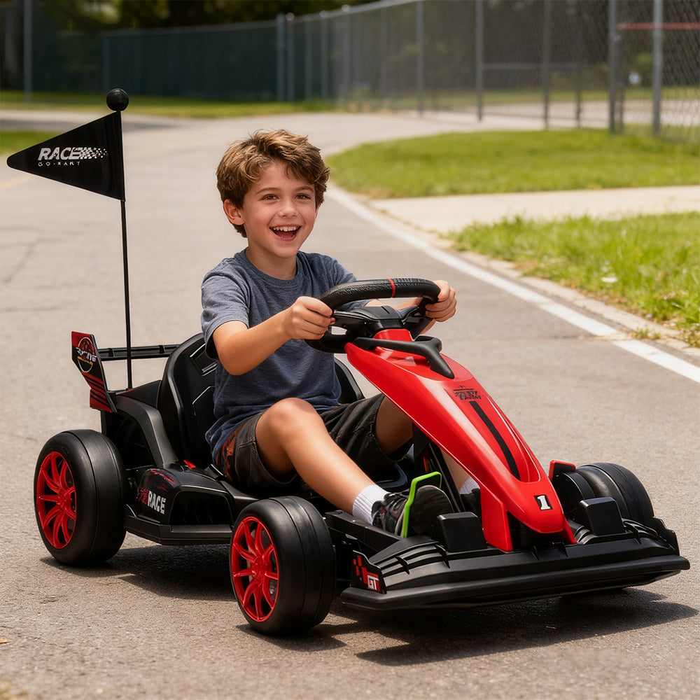 Garvee Ride - G Series: 24V Electric Drift Kart for Kids, Ride Car with Adjustable Seat & 7.5MPH Speed, EVA Silent Wheels, Parent-Safety Certified Ride-On Toy - Red