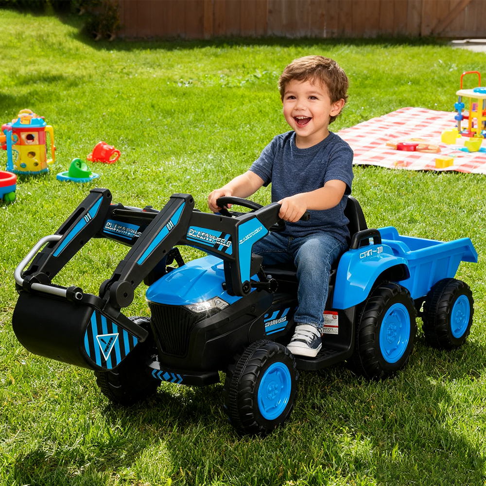 Garvee Ride - P Series: 12V 3 in 1 Ride on Excavator & Tractor with Detachable Trailer, Ride on Car Toy with Remote Control, Digger, LED Lights, Music, Kids Electric Vehicles for Boys Girls, Blue