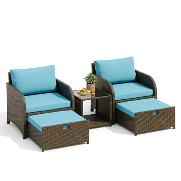 GARVEE 5-Piece Outdoor Rattan Sofa Set, Loveseat Sectional Patio Furniture Set with 2 Cushioned Ottomans & Tempered Glass Coffee Table,  Blue