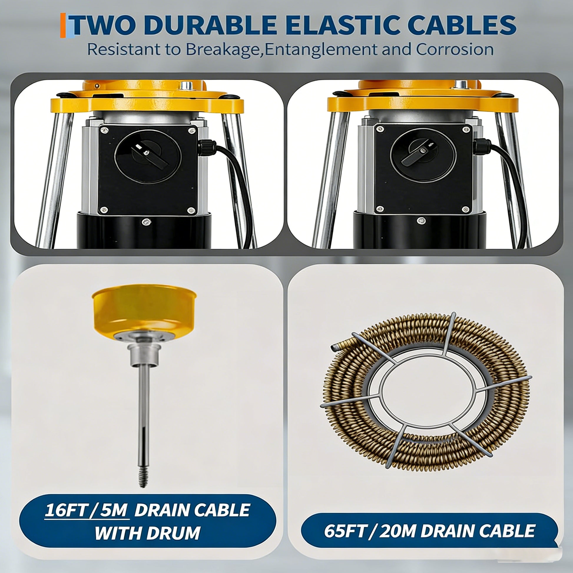 Garvee Drain Auger Sewer Snake Portable Electric Drain Cleaner with Auto Feed, 500W Motor, Steel Cables & 6 Cutters, Heavy-Duty Steel, Yellow, for 1.6-4" Pipes, Home & Professional Use