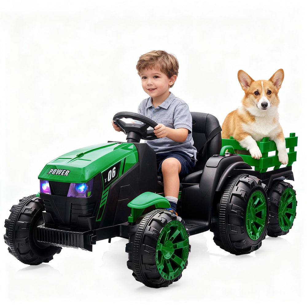 Garvee Ride - P Series: 12V Kids Ride On Tractor with Trailer, LED Lights, Battery Powered Toy Vehicle for Boys Girls, Outdoor Play Farm Truck Green