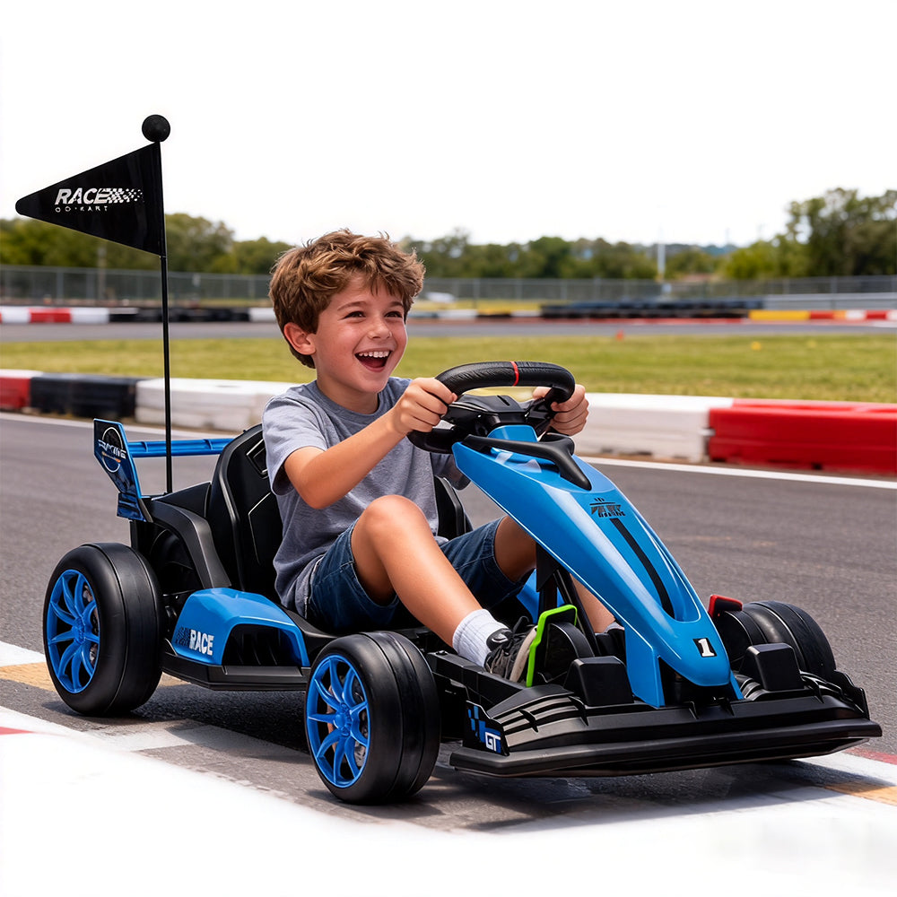 Garvee Ride - G Series: 24V Electric Drift Kart for Kids, Ride Car with Adjustable Seat & 7.5MPH Speed, EVA Silent Wheels, Parent-Safety Certified Ride-On Toy - Blue