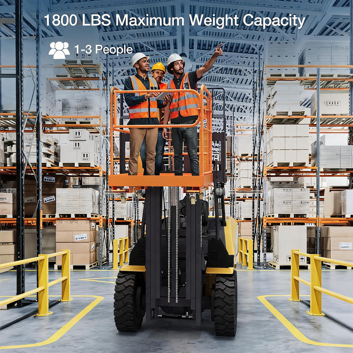 GARVEE 36 by 36 inch forklift safety cage supporting workers in a warehouse