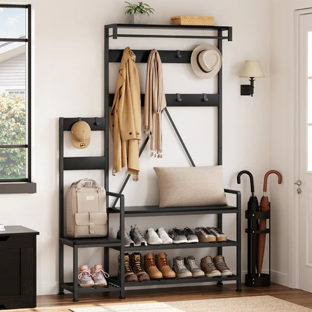 Garvee Hall Tree With Bench and Shoe Storage Parent-Child Coat Rack Shoe Bench Industrial Coat Tree Entryway Large Organizer With Shoe Rack, Storage Cubbies, Hooks, and Top Shelf Black