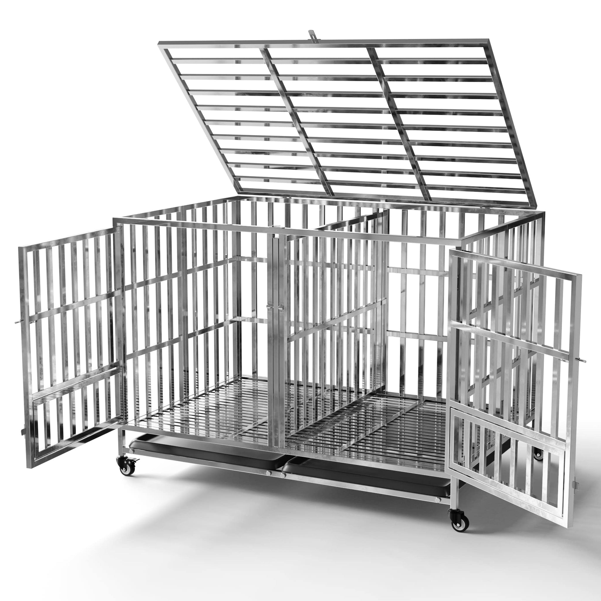 Garvee 48" Heavy Duty Dog Crate Cage Kennel with Isolation Fence, Full Stainless Steel High Anxiety Indestructible Dog Crate, Small Door Design & Removable Tray Design, Silver