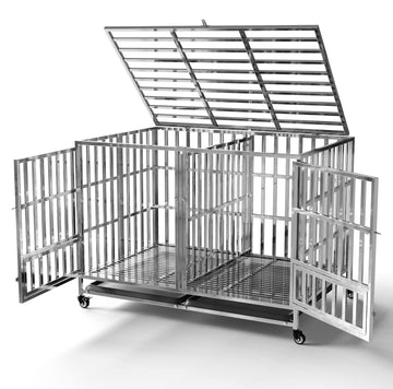 Garvee 48" Heavy Duty Dog Crate Cage Kennel with Isolation Fence, Full Stainless Steel High Anxiety Indestructible Dog Crate, Small Door Design & Removable Tray Design, Silver