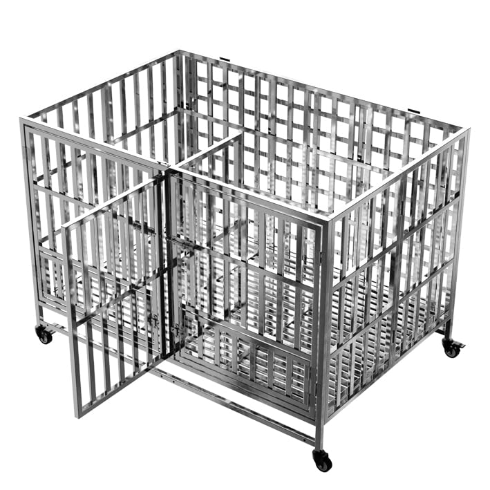 Garvee 48" Heavy Duty Dog Crate Cage Kennel with Isolation Fence, Full Stainless Steel High Anxiety Indestructible Dog Crate, Small Door Design & Removable Tray Design, Silver