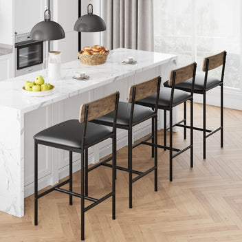 Garvee Bar Stools Set of 4, Kitchen Bar Stools with Footrest, 25.5 Inches Upholstered Bar Chairs with Back, 4 Counter Height Barstools for Counter Bar, Island, Easy Assembly, Rustic Brown