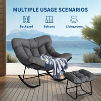 Garvee Papasan Rocking Chair with Footrest, Metal Patio Lounge Rocking Chair with Ottoman & Thick Cushion, Patio Comfy Modern Egg Rocker for Balcony Backyard Porch Bedroom, Dark Grey