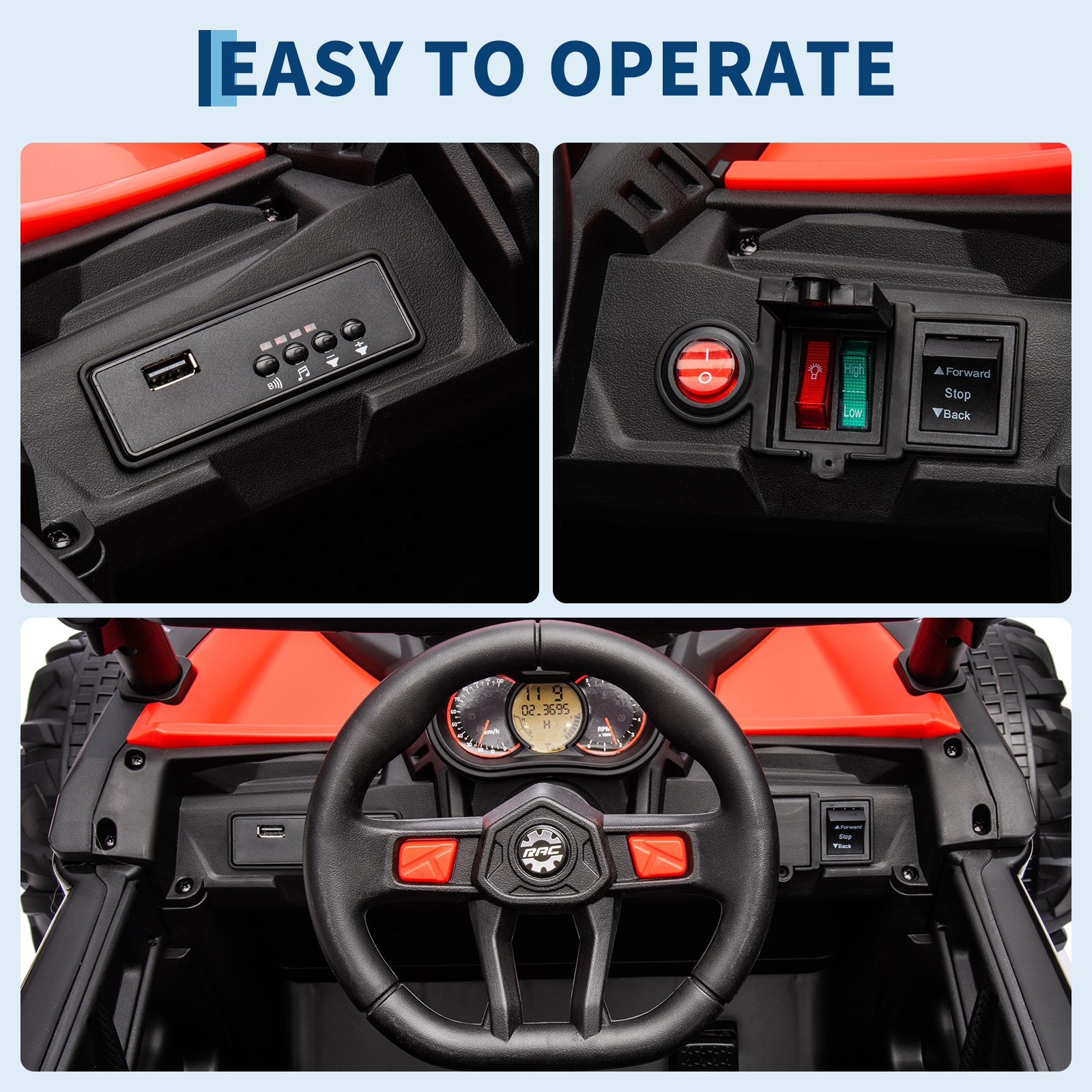 Garvee Ride - P Series: 24V Ride-On UTV: Remote Control, 200W Motor, Spring Suspension, Music, LED Lights, for Boys & Girls - Red