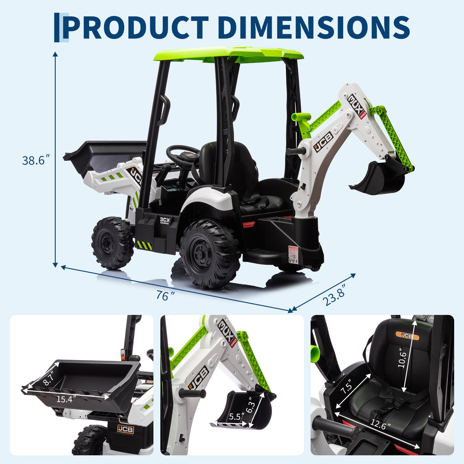 Garvee Ride - P Series: 4-in-1 Ride-On Tractor for Kids: Excavator, Bulldozer, Removable Tent, 12V Battery, Remote Control, Front Loader, Horn, EVA Tires - White