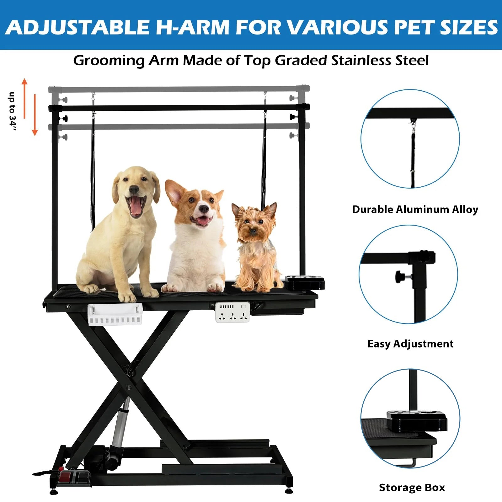 Garvee 50 Inch Electric Dog Grooming Table, Adjustable Heavy Duty X Lift Grooming Table for Large Dogs with Anti-Skid Tabletop,Wireless Remote,Tool Organizer and Arms, Black