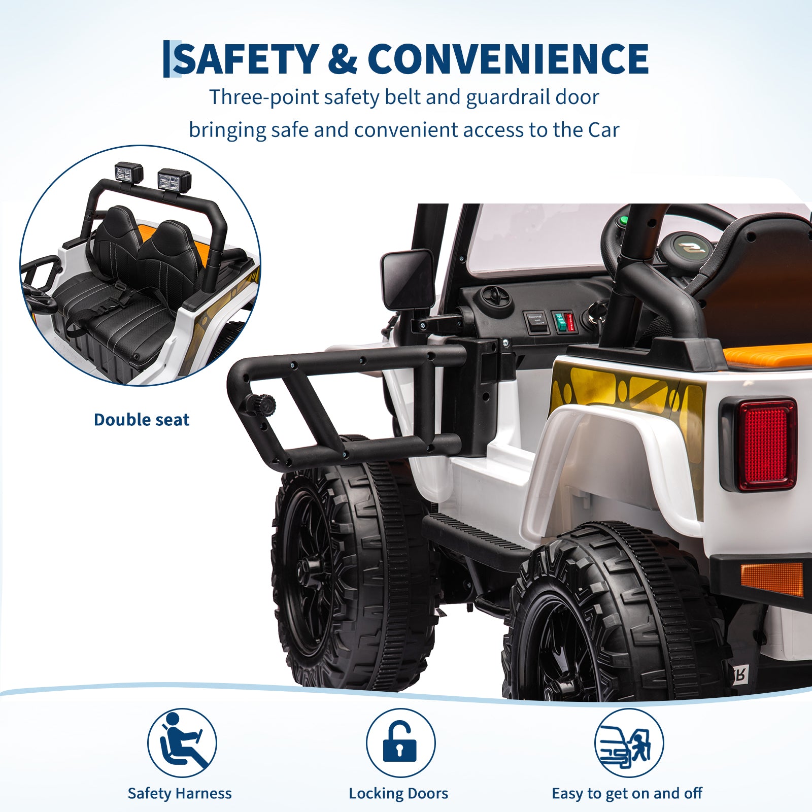 Garvee Ride - P Series: 24V 2 Seater Ride On Truck Car For Kid age 3 - 8 years, w/Remote Control, 4-Wheeler Suspension, 4x55W Powerful Engine, 4WD Battery Powered, LED Lights, Soft Braking - White