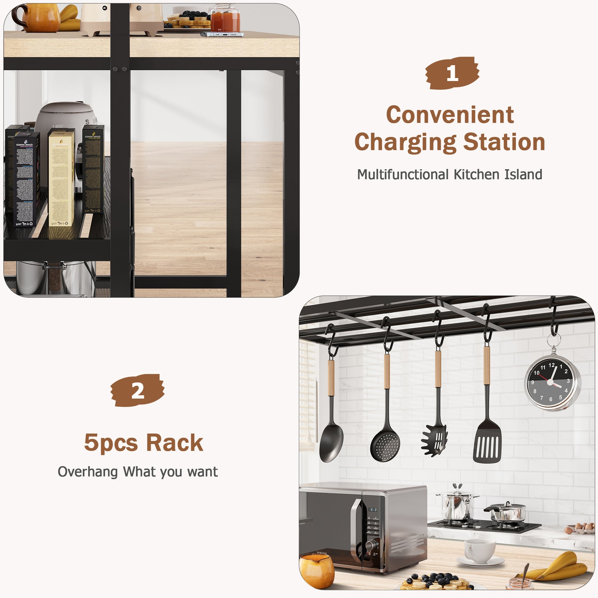 Garvee 42" Large Kitchen Island Bakers Rack Microwave Oven Stand Kitchen Shelf with 3 Tier Storage, Metal Coffee Bar Table,Kitchen Storage Shelf for Dining Living Room, 5 Hooks, 42"*28"*72"