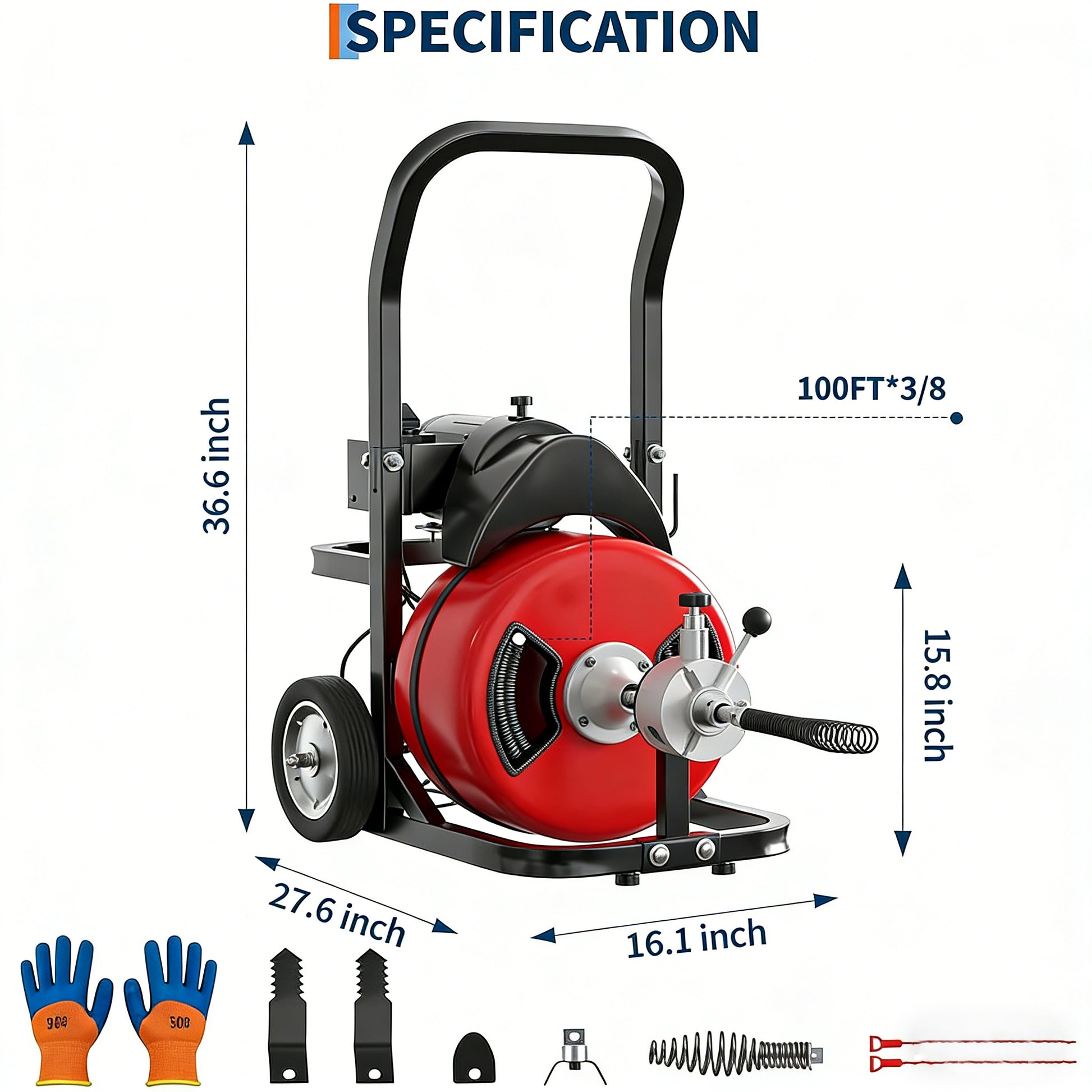 Garvee Drain Cleaner Machine 100FT x 3/8 Inch Steel Core Cable Portable 370W Electric Drain Cleaning Machine With Sewer Auger Cutter Air-Activated Foot Switch Wheels For Commercial Home