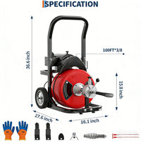 Garvee Drain Cleaner Machine 100FT x 3/8 Inch Steel Core Cable Portable 370W Electric Drain Cleaning Machine With Sewer Auger Cutter Air-Activated Foot Switch Wheels For Commercial Home