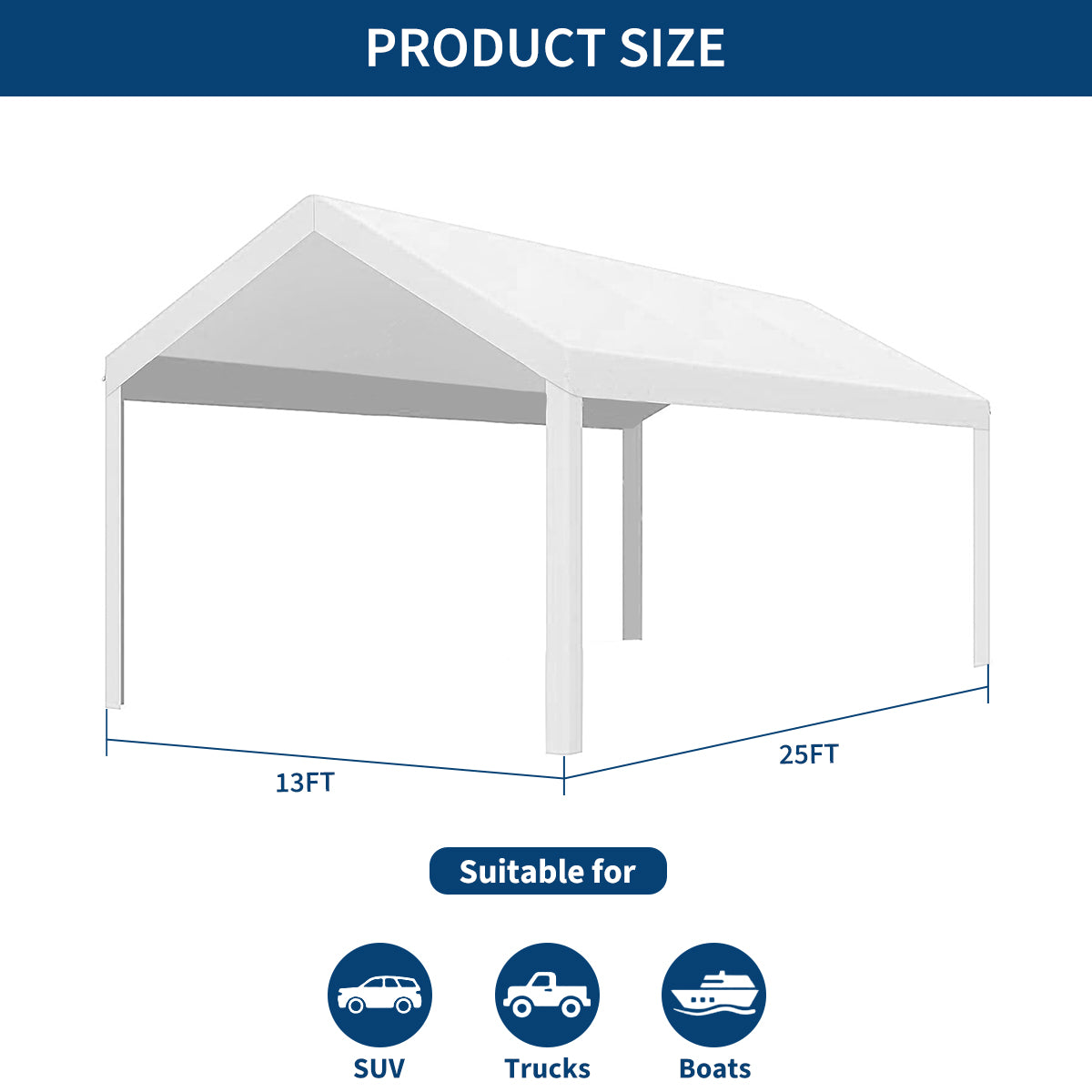 Garvee 13'x25' 200G Carport Top Replacement Cover , Heavy-Duty Garage Top Tent Shelter Tarp Waterproof & UV Protected (Top Cover Only, Frame Not Included), White