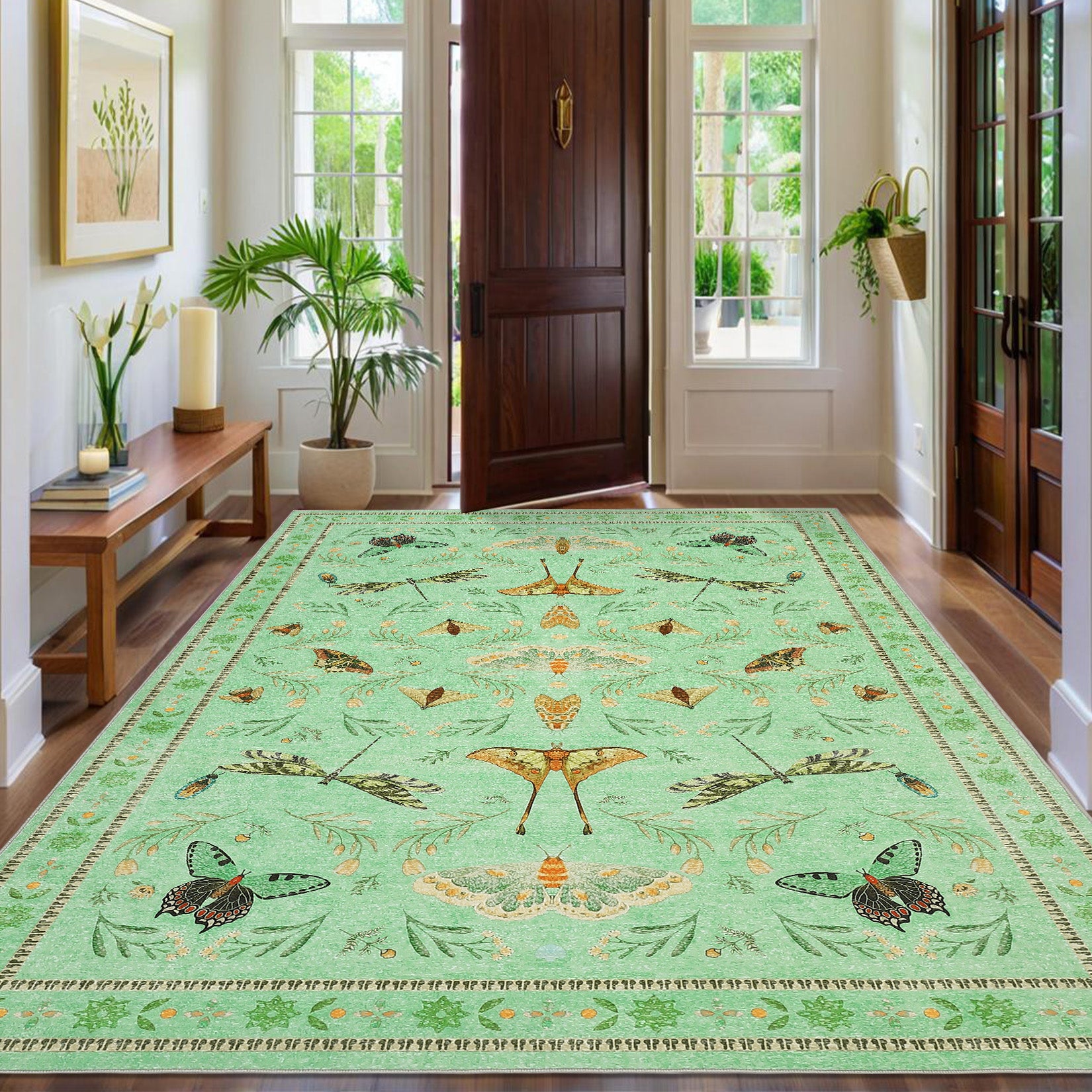 Garvee 8' x 10' Botanical Insect Area Rug, Washable Non-Slip Soft Low-Pile Moth, Butterfly & Dragonfly Rug for Living Room & Dining Room, Light Green