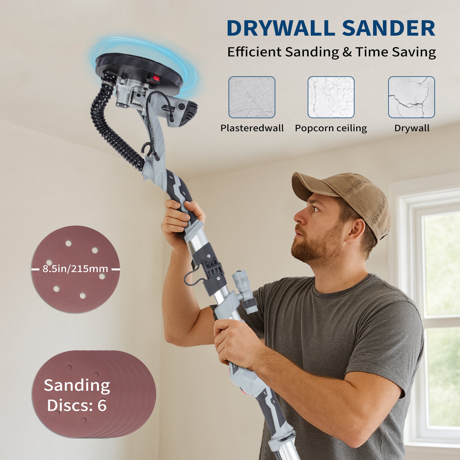 Garvee Drywall Sander, 710W Electric Sander Tool with Variable Speed 800-1700RPM, 6.6ft Dust Hose with LED Light, Extendable & Foldable Handle, 6 Pcs Sanding Discs, Carrying Bag