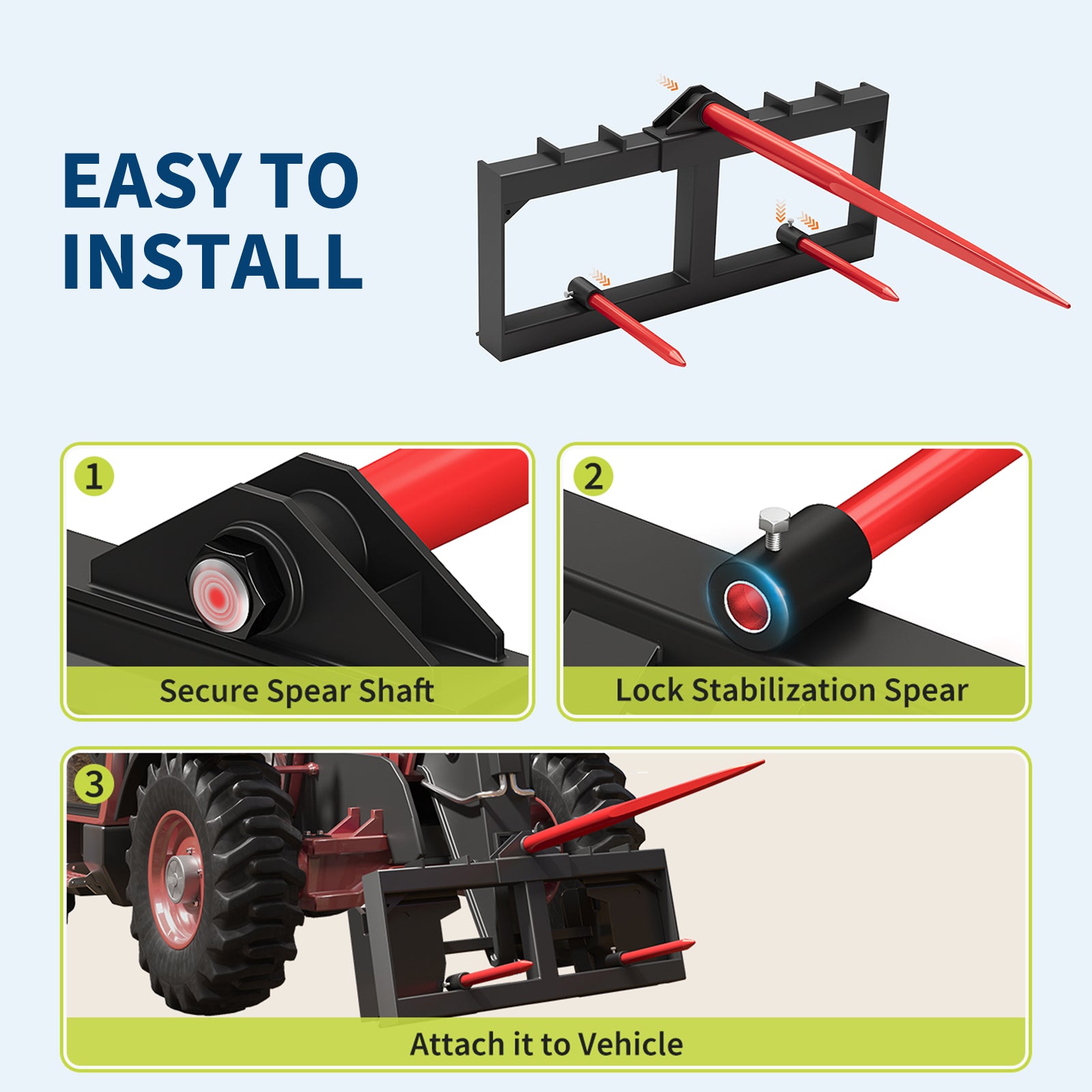 Garvee 3000lbs Quick Attach Bale Spear Attachment for Skid Steer & Tractor, 49" Hay Spear with 2x17" Stabilizer Spears, Heavy Duty Hay Frame