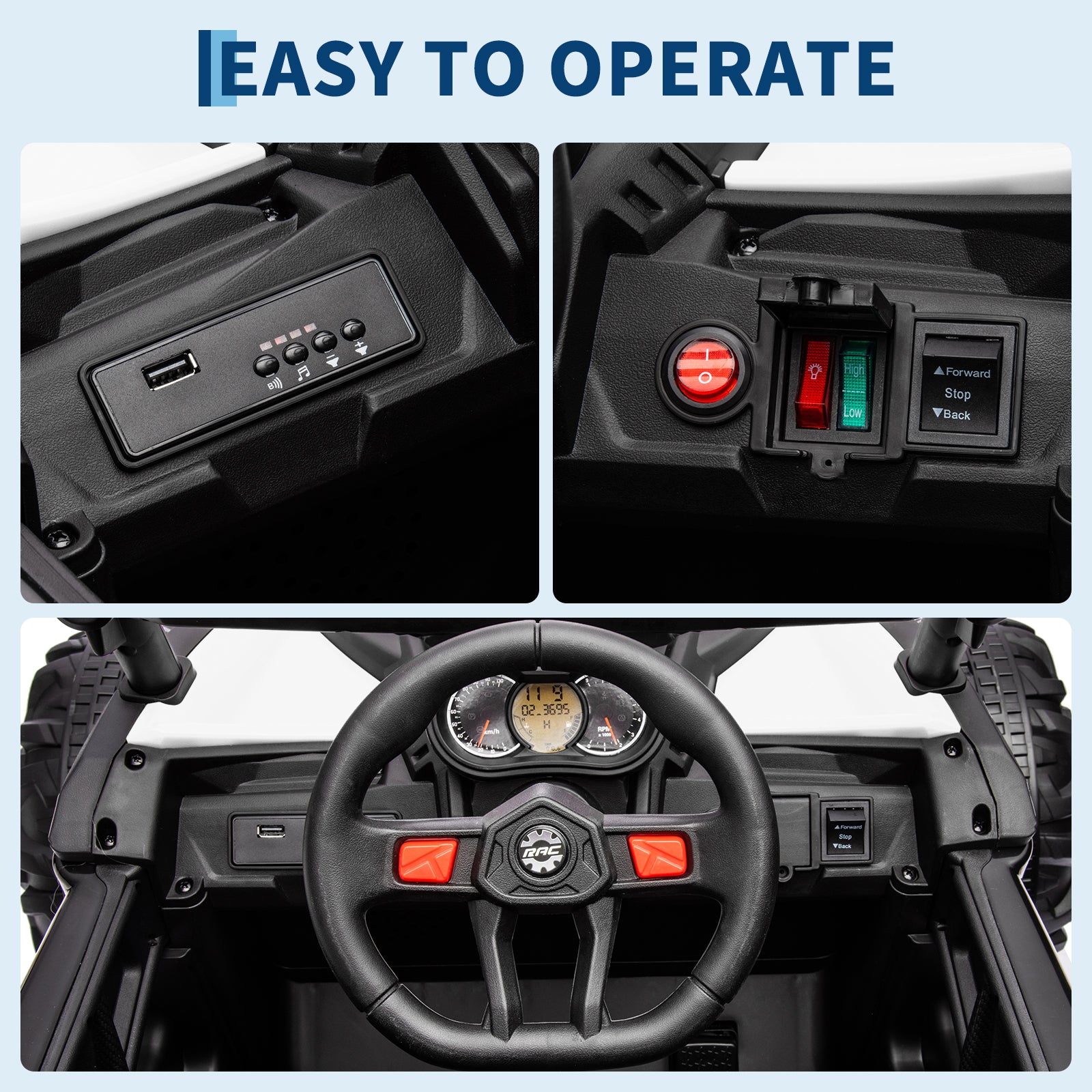 Garvee Ride - P Series: 24V Ride-On UTV, 200W Motor, Remote Control, Spring Suspension, Music, LED Lights, Electric Car for Boys Girls, Outdoor Adventure Toy White