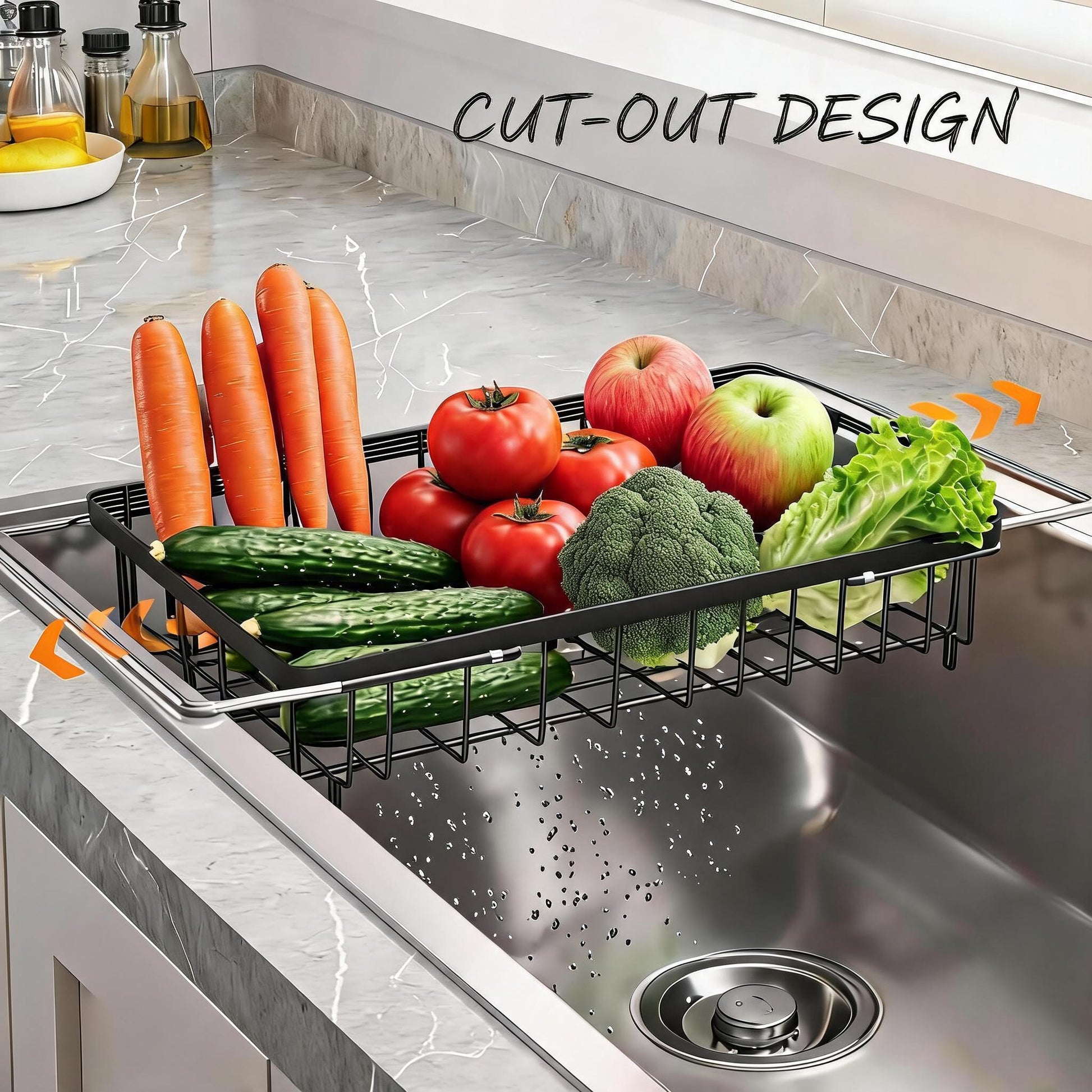 Garvee Over-the-Sink Dish Drying Rack, Expandable Kitchen Dish Drainer with Adjustable Arms, Heavy-Duty Carbon Steel Sink Basket for Dishes, Vegetables & Fruit, Black