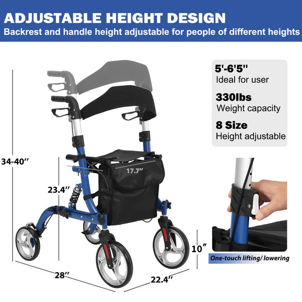Garvee Rollator Walker for Seniors with Seat & Storage Bag, Shock Absorber, 10" & 8" All-Terrain Rubber Wheels, Lightweight Aluminum Foldable Walker with Backrest, Adjustable Height 34-40", Blue