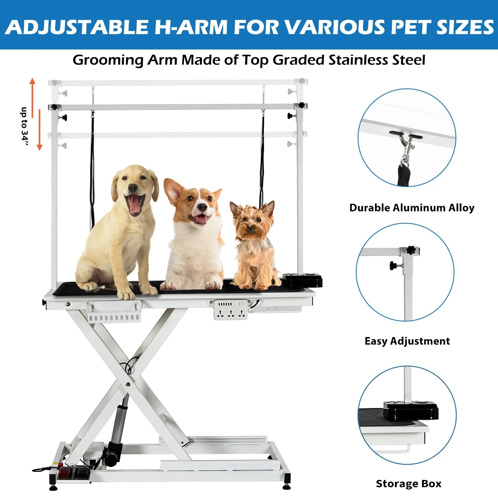 Garvee 50 Inch Electric Dog Grooming Table, Heavy Duty, Height Adjustable Pet Grooming Table with Socket w/Leveling Wheels, Grooming Arm, Anti Slip Tabletop & Tool Organizer, for All Pets
