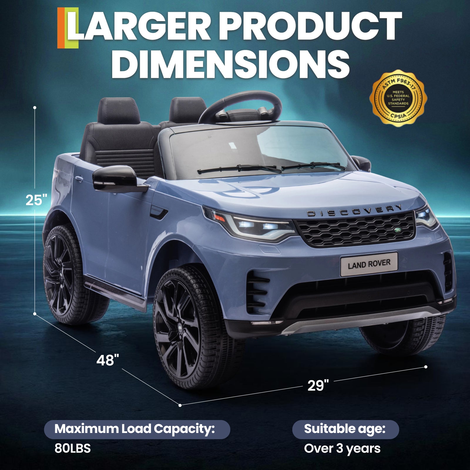 Garvee Ride P Series 12V Kids Ride On Car Land Rover Style Dual Motors 3 Speed Modes 4.5Ah Battery Safety Seatbelt Remote Control Black Outdoor Play - Light Blue