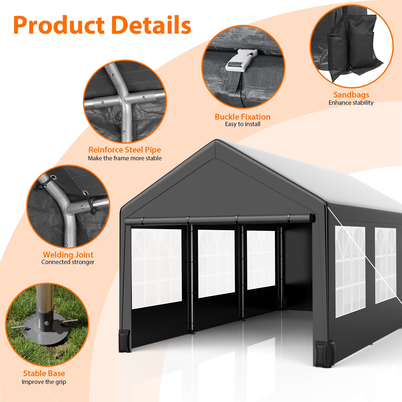 Garvee 10' X 20' Heavy-Duty Portable Garage - Galvanized Steel Frame, All-Season UV/Water Resistant Shelter with Ventilated Roll-Up Windows (Grey)