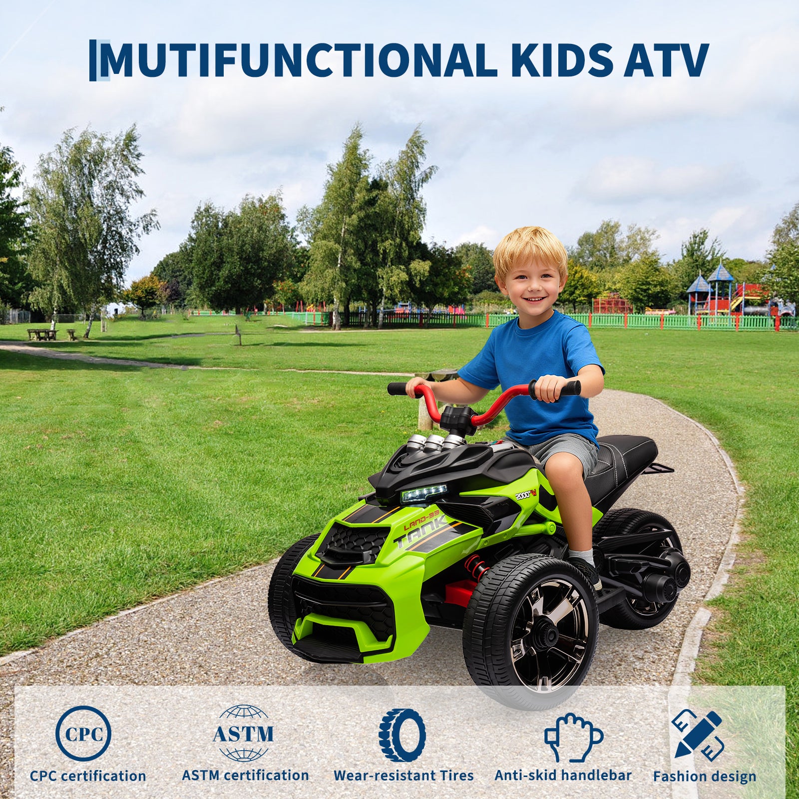 Garvee 12V Kids Ride on Toy for Kids, 2x55W Powerful Engine 7AH Battery, 3 - 7 km/H, 3 Wheelers Electric Vehicle, LED Lights, 2 Speeds, EVA Tire, Music, USB - Green