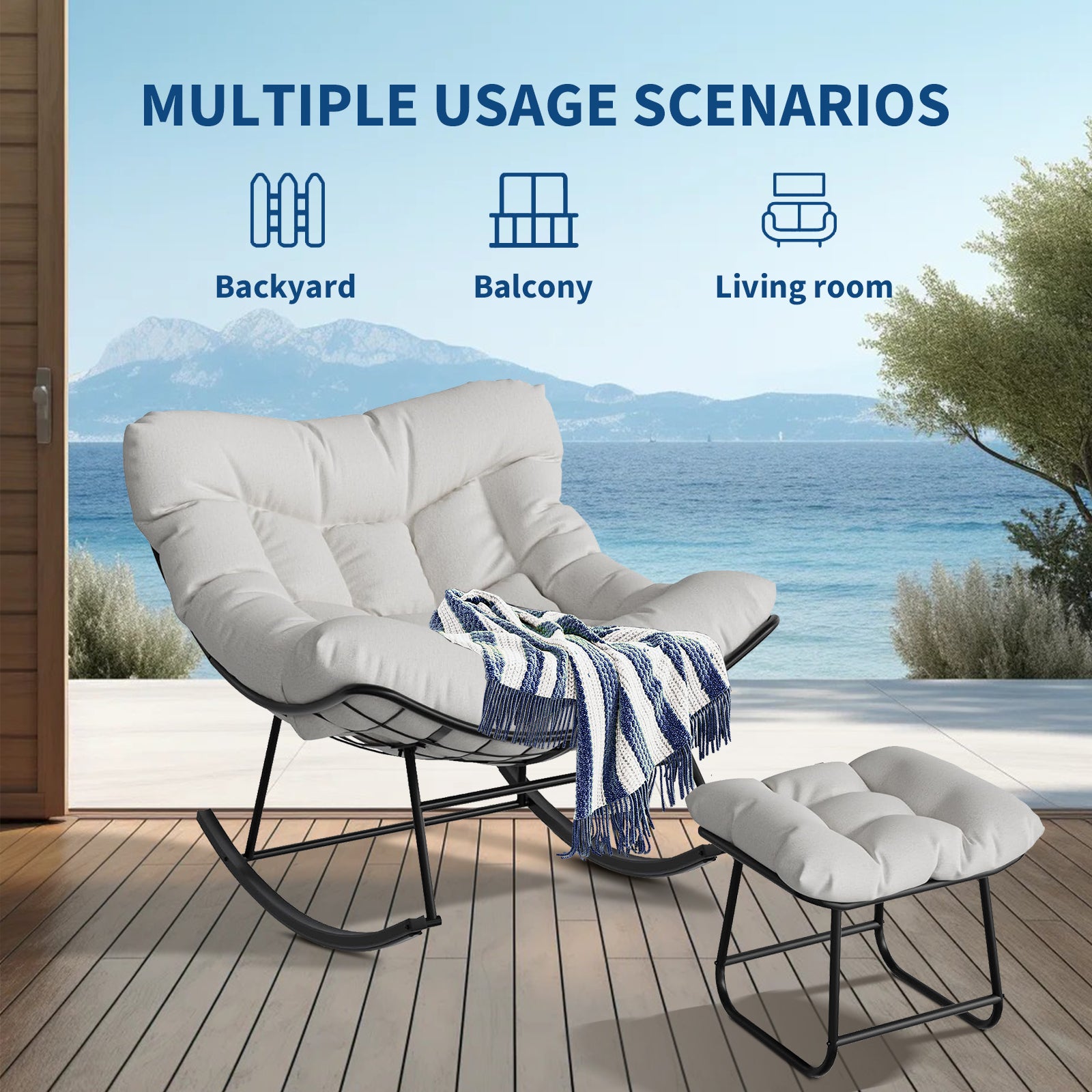 Garvee Papasan Rocking Chair with Footrest, Metal Patio Lounge Rocking Chair with Ottoman & Thick Cushion, Patio Comfy Modern Egg Rocker for Balcony Backyard Porch Bedroom, White