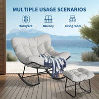 Garvee Papasan Rocking Chair with Footrest, Metal Patio Lounge Rocking Chair with Ottoman & Thick Cushion, Patio Comfy Modern Egg Rocker for Balcony Backyard Porch Bedroom, White