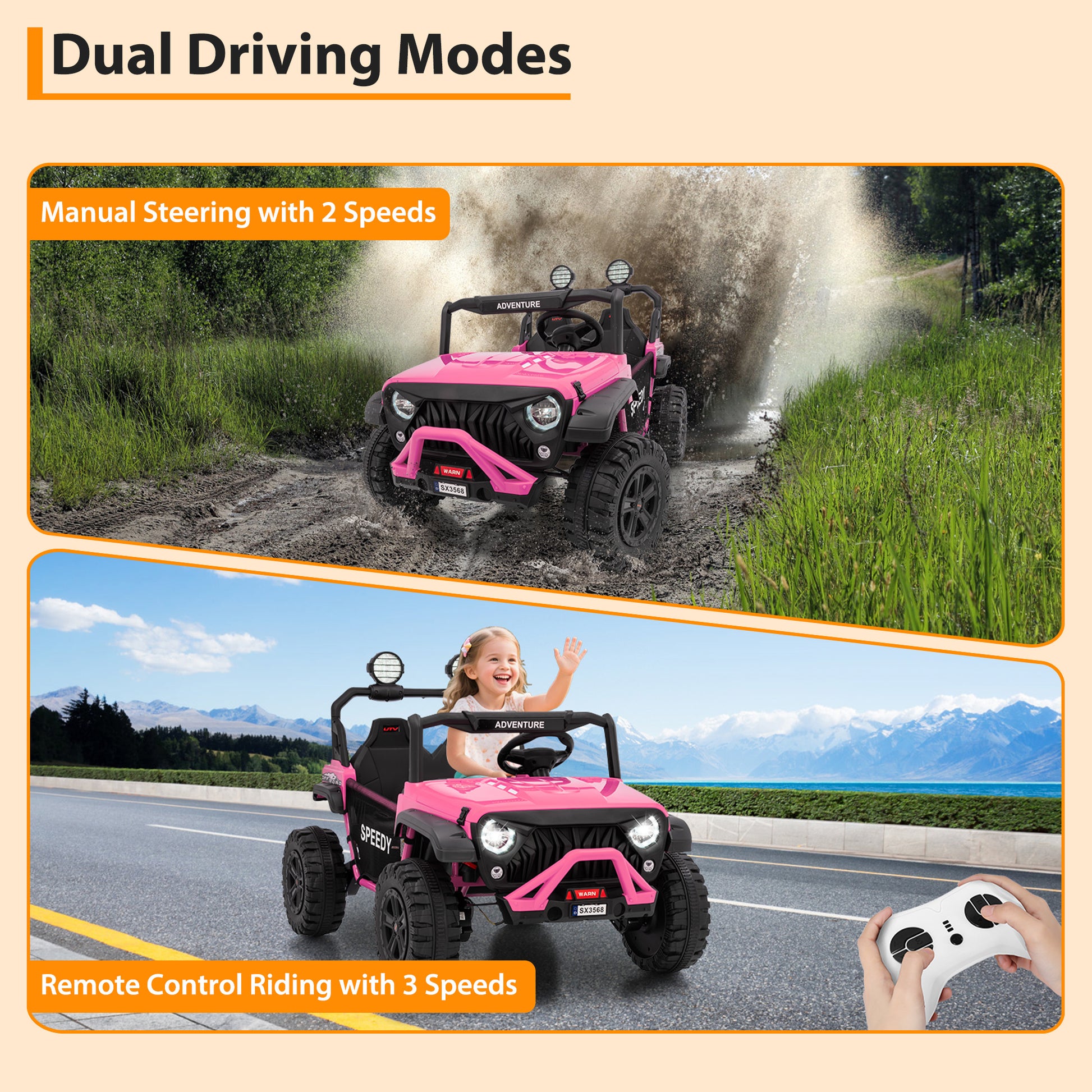 Garvee Ride P Series 24V Kids Toddler Ride On Truck 4WD 3 Speeds Large 7AH Battery EVA Tires Bluetooth MP3 Parent Safety Brake Red Outdoor Play - Pink