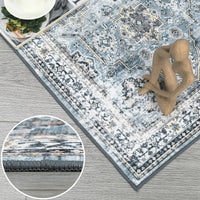 Garvee Boho Blue 5x7 Washable Rug, Oriental Vintage Non Slip Soft Faux Wool Stain Resistant Carpet for Living Room, Bedroom, Officem Soft Faux Wool Stain Resistant Carpet for Office Nursery Dining Room