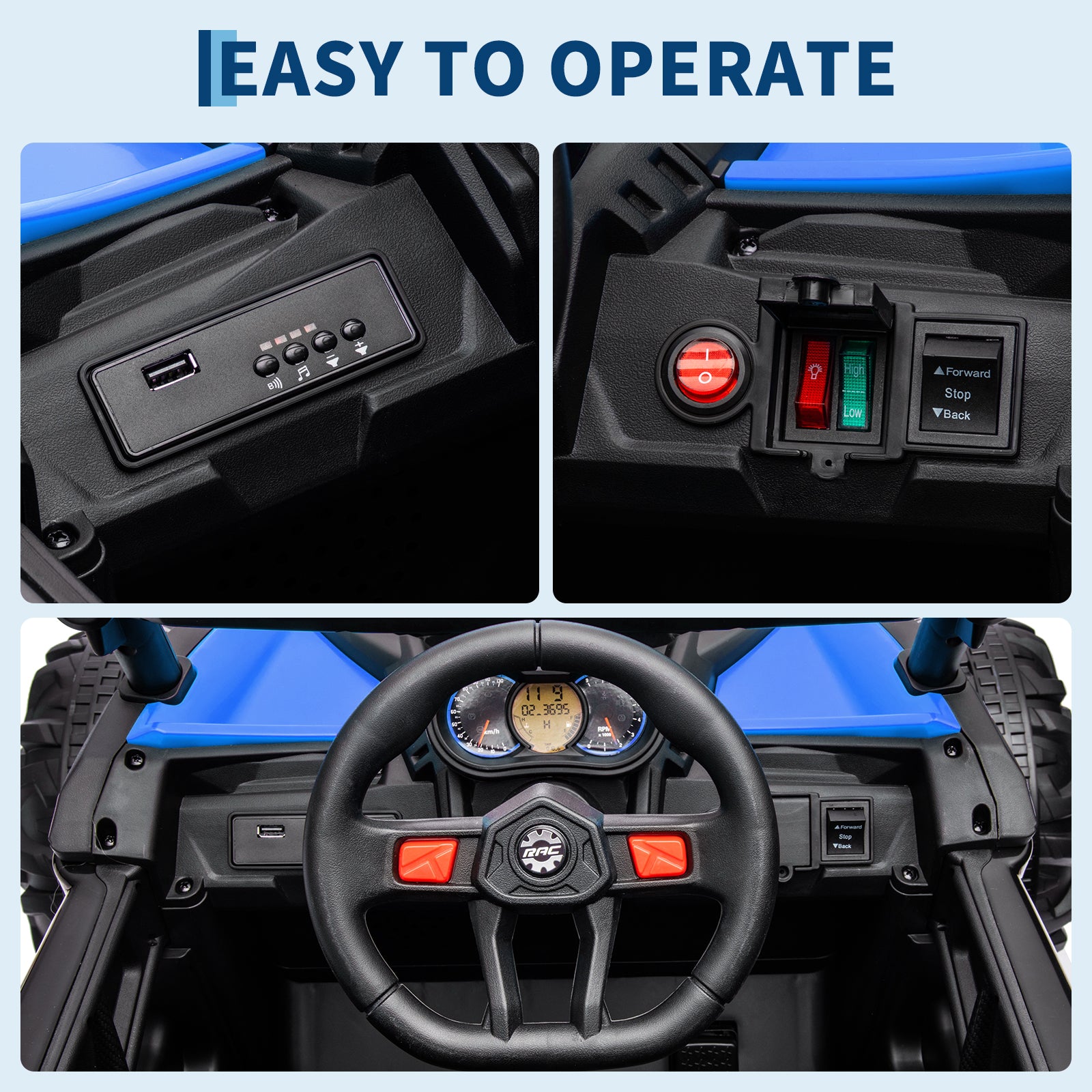 Garvee Ride - P Series: 24V Ride-On UTV: Remote Control, 200W Motor, Spring Suspension, Music, LED Lights, for Boys & Girls - Blue