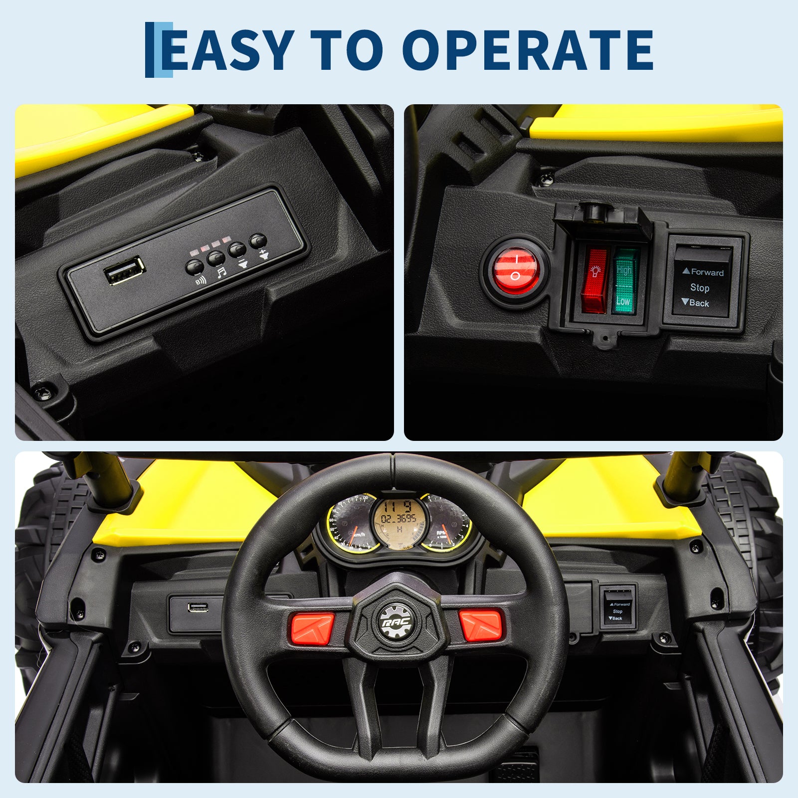 Garvee Ride - P Series: 24V Ride-On UTV: Remote Control, 200W Motor, Spring Suspension, Music, LED Lights, for Boys & Girls - Yellow