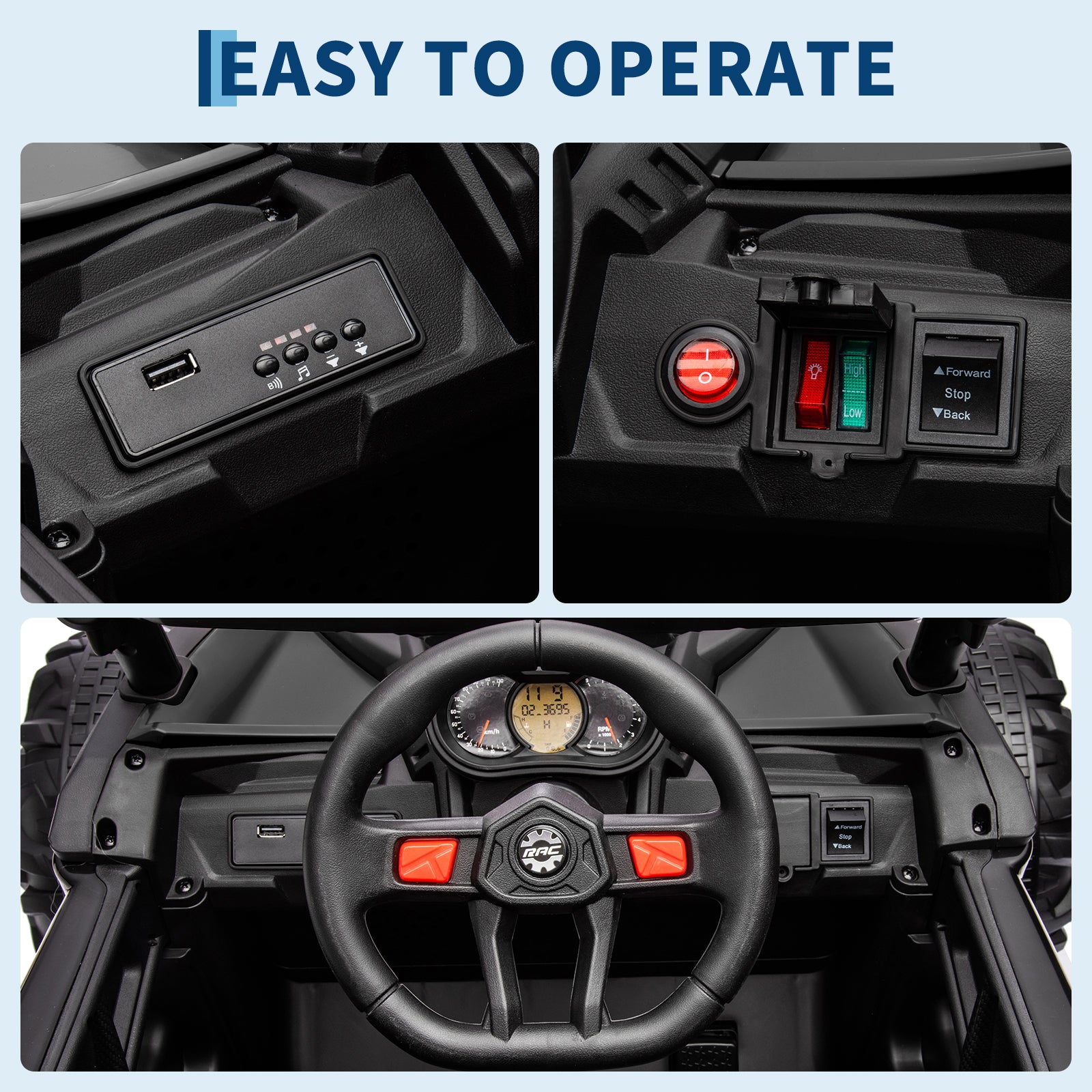 Garvee Ride - P Series: 24V Ride-On UTV: Remote Control, 200W Motor, Spring Suspension, Music, LED Lights, for Boys & Girls - Black